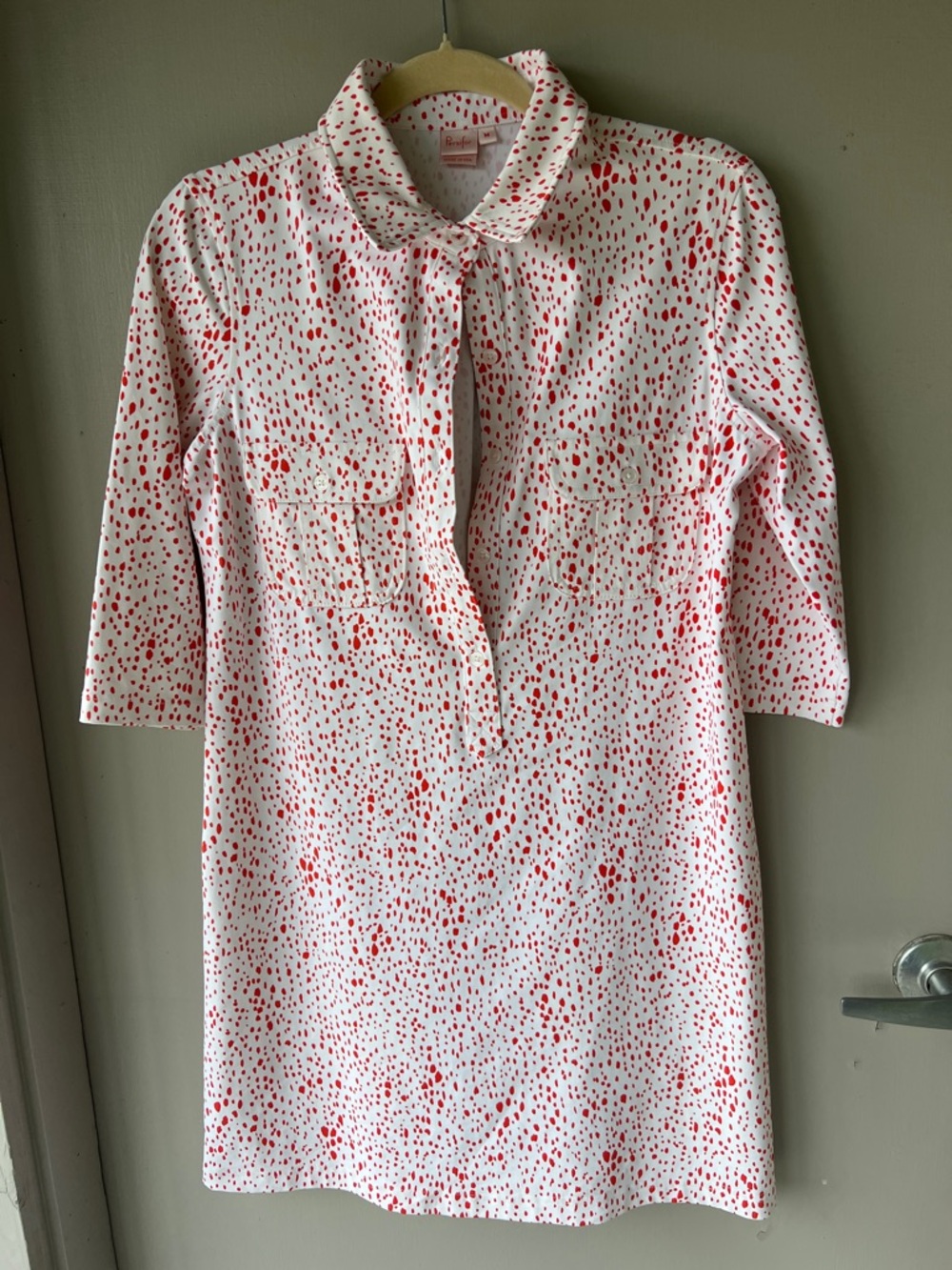 Midi Shirt Dress in White with Red Spot Print